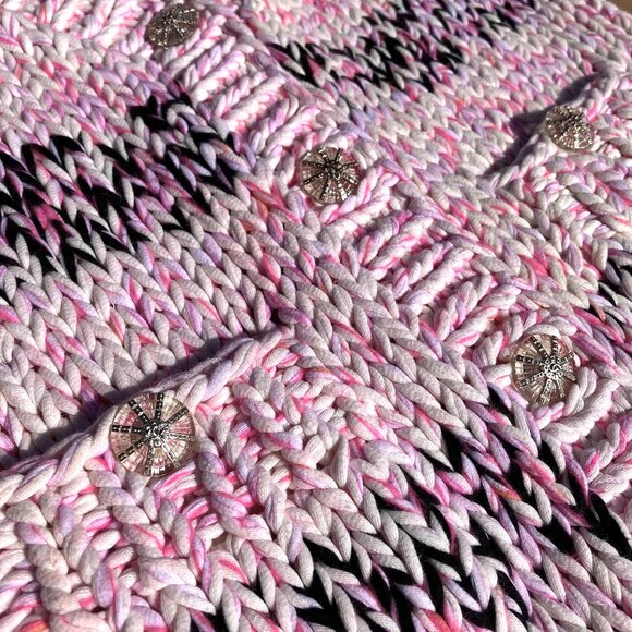 CHANEL Chunky Cable Knit Cotton Cardigan Sweater Jacket Pink Black Size 36 L XL - Picture 6 of 14